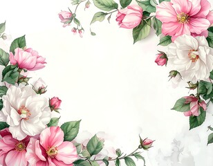 Delicate floral frame with pink and white roses