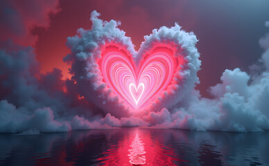 Glowing heart in the clouds above the reflective surface of the water - romantic concept for Valentine's Day, holiday card