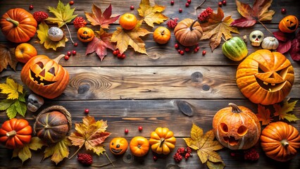 Halloween festive arrangement of carved pumpkins, autumn leaves, and small skulls on a rustic wooden table, creating a spooky and traditional holiday atmosphere