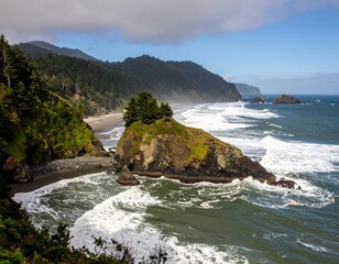 Coastal landscape with dramatic waves crashing on a rocky shore