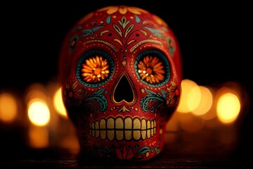 Ornate skull adorned with vibrant patterns and warm lighting, showcasing detailed artistry and a mystical ambiance.