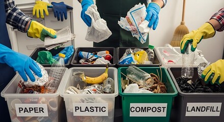 Close-up of gloved hands organizing waste into clearly labeled recycling bins