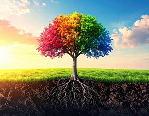 Obraz premium Vibrant tree with roots, earth, sky, and diverse colors