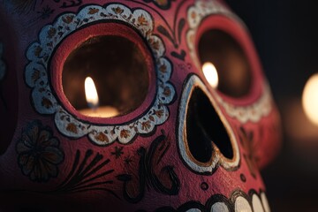 A close-up of a decorative sugar skull, detailed with intricate floral patterns in shades of pink, white, and gold, illuminating candles placed within the eye sockets.