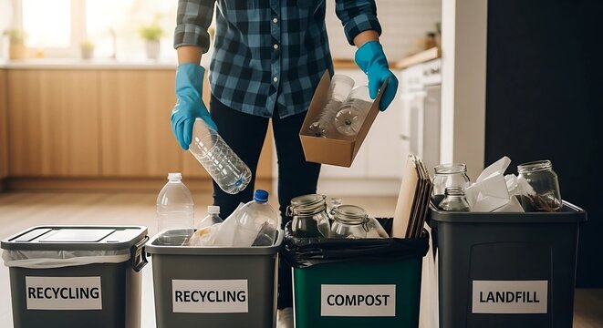 Gloved hands sort trash into labeled bins for paper, plastic, compost, and landfill community recycling