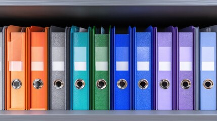 Office shelves filled with organized files in vibrant colors, showcasing a neat and systematic workspace for efficient document management