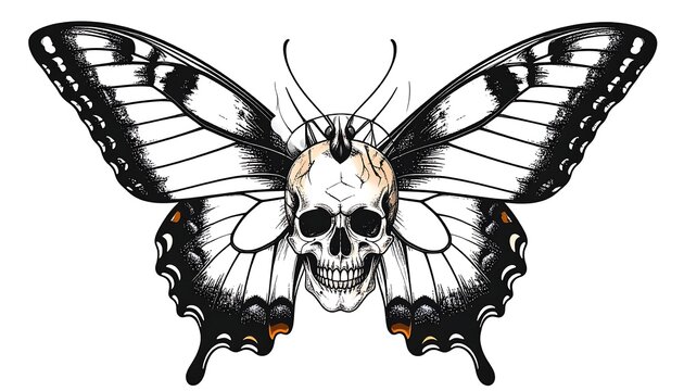 Detailed drawing of a skull with butterfly wings