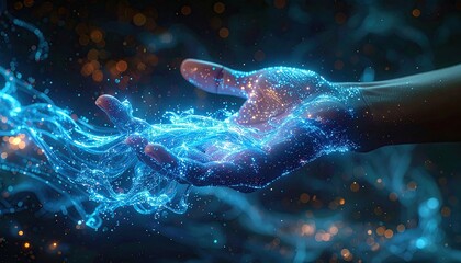 Hand holding glowing, swirling blue energy in dark ambiance