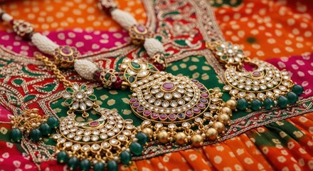Naklejka premium Exquisite indian jewelry set showcasing intricate designs and vibrant gemstones on patterned textile