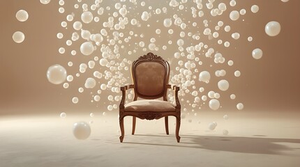 Floating Pearls Around a Wooden Chair