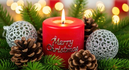 Christmas candle decoration with ornaments and pine cones festive atmosphere
