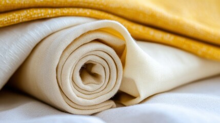 Soft pastel yellow and cream fabrics rolled up in an aesthetic arrangement