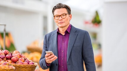 Man in blue blazer and glasses holds smartphone while standing amidst baskets of fresh apples at a vibrant outdoor market on a sunny day, looking thoughtfully at the screen