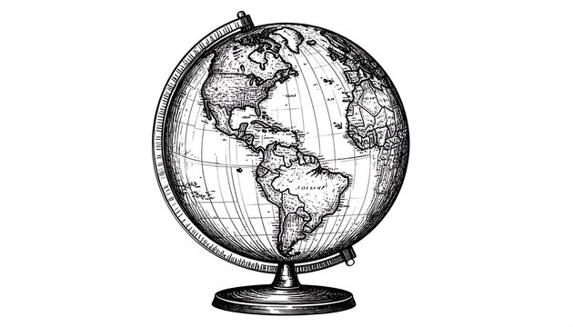 Detailed ink drawing of a classic terrestrial globe, centered and displayed on a stand