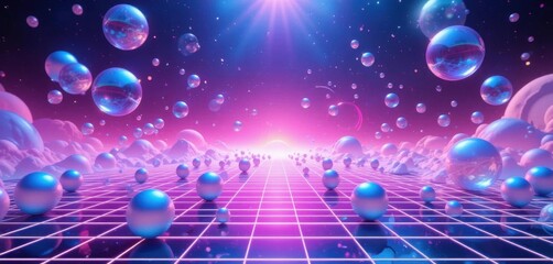 Synthwave Serenity  Iridescent Spheres in a Neon Laced Abstract