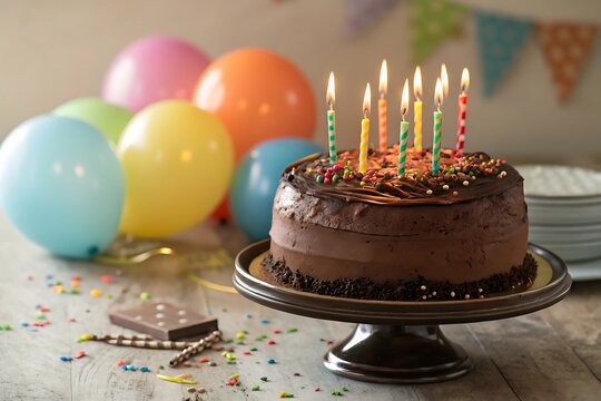 A festive chocolate birthday cake adorned with lit candles sits on a silver cake stand surrounded by colorful balloons and confetti