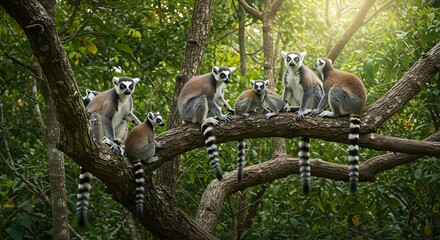 Fototapeta premium Ring tailed lemurs perched on a tree branch surrounded by lush green foliage