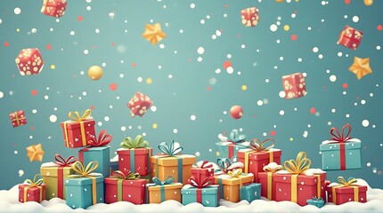 A festive collection of colorful Christmas presents piled high on a snowy surface, with confetti and snowflakes gently falling from a teal sky.