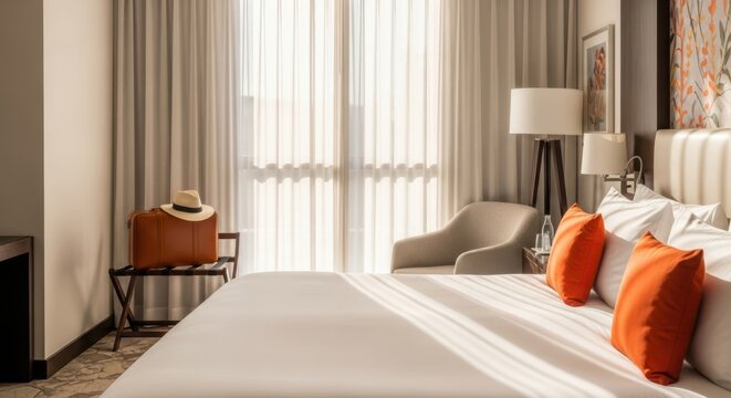 Luxurious hotel bedroom interior with plush bedding and natural light