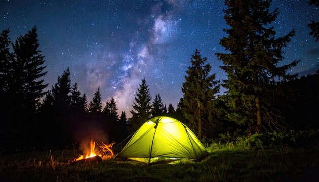 Illuminated camping tent under a night sky with milky way and campfire
