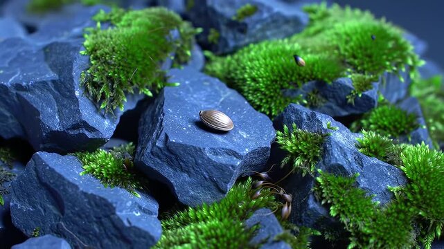 Detailed View of Woodlouse on Blue Rocks Covered in Green Moss