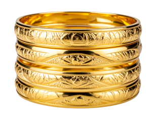 Stack of Intricately Designed Thin Gold Bangles, Hyperrealistic PNG