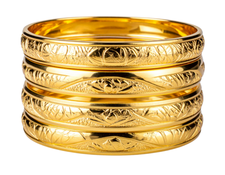 Stack of Intricately Designed Thin Gold Bangles, Hyperrealistic PNG