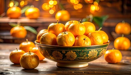 Vibrant Tangerines in a Decorative Bowl, Festive Autumn Scene.
