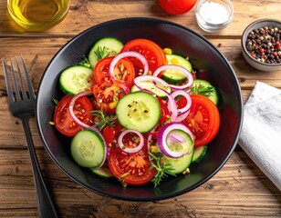 Fresh salad with tomatoes, cucumbers, corn, and red onion in a dark bowl