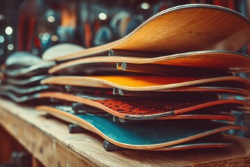 Stacked Wooden Skateboards in a Workshop Setting with Vibrant Colors