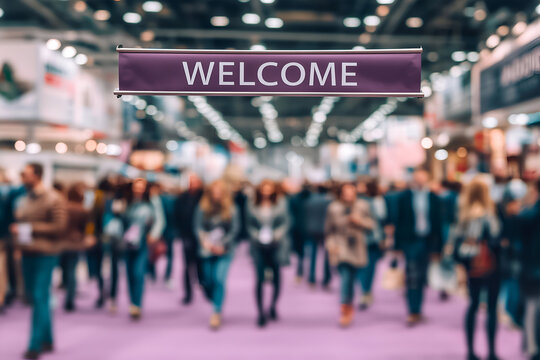 Welcome Sign Purple Banner at Busy Convention Trade Show, motion blur Business concept, motion bokeh background