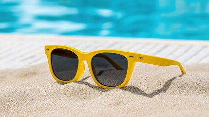 Sunglasses with yellow frames lying in the sand near the edge of a luxurious, sparkling resort pool