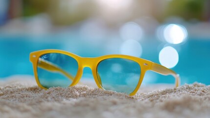 Sunglasses with yellow frames lying in the sand near the edge of a luxurious, sparkling resort pool