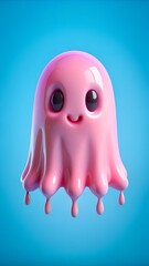 Cute pink ghost character with big eyes and a smile, dripping liquid, against a vibrant blue background, 3d render