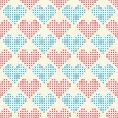 Seamless cross-stitch heart pattern creating textile background