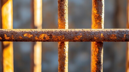 Sunlit rusty metal bars with deep shadows and glowing orange highlights