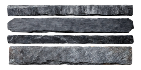 Set of long rectangular slate stone nameplates with rough texture, isolated on transparent background