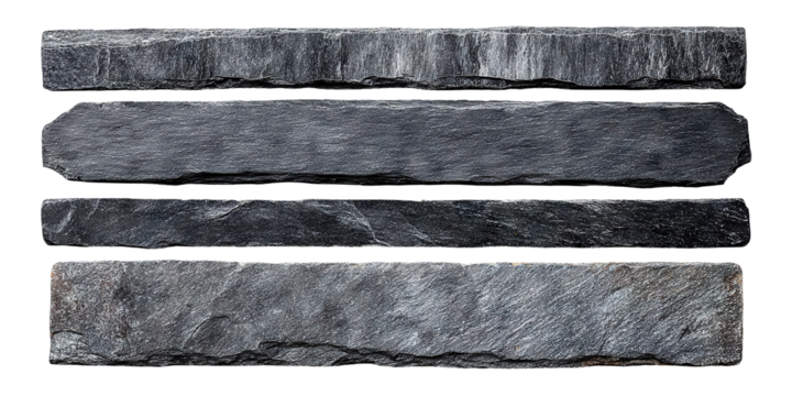 Set of long rectangular slate stone nameplates with rough texture, isolated on transparent background