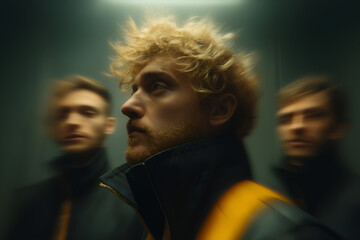 Man with Blond Curly Hair and Friends Wearing Coats in Dark Room, motion blur Business concept, motion bokeh background