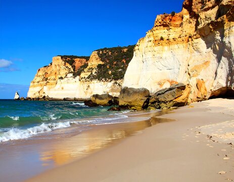 Coastal landscape with vibrant cliffs and sandy beach