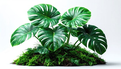 Lush green monstera plant cluster on a bed of moss