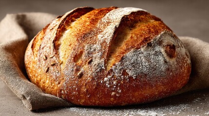 Freshly baked rustic artisanal sourdough bread with golden crust and flour dusting on a linen cloth, ideal for bakery, breakfast, and healthy eating concepts