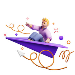 Man Character Flying Paper Plane Journey Progress Illustration