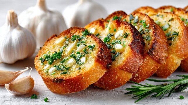 Toasted garlic bread slices with melted herb butter and fresh chopped parsley on rustic wooden surface with whole garlic bulbs and rosemary for gourmet appetizer or side dish - Powered by Adobe