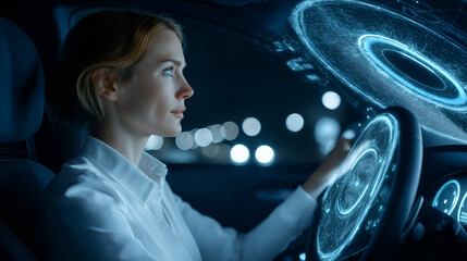 Woman Driving Futuristic Car at Night with Advanced Interface, motion blur Business concept, motion bokeh background