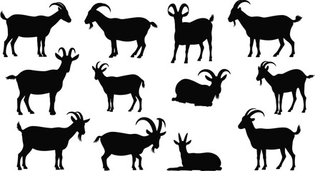 Goat silhouette collection, black goat shapes, farm animal vector, horned goat poses, livestock clipart, goat anatomy, graphic design asset