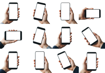 Multiple hands holding modern phones with blank screens, showcasing app designs or UI mockups with diverse orientations and perspectives for tech presentations