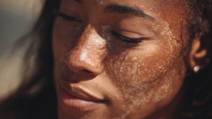 A young adult cisgender woman with dark skin has light skin patches on her face, with closed eyes in a close-up portrait with sunlight
