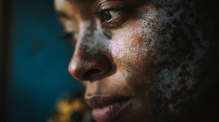 Dark skin young adult cisgender woman with vitiligo on face in close-up portrait with soft focus background in dramatic lighting photography