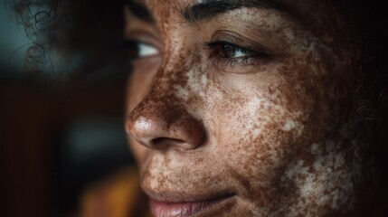 Close-up portrait of a young adult cisgender woman with medium skin and freckles, with curly hair and an expressive gaze, in soft natural light indoors